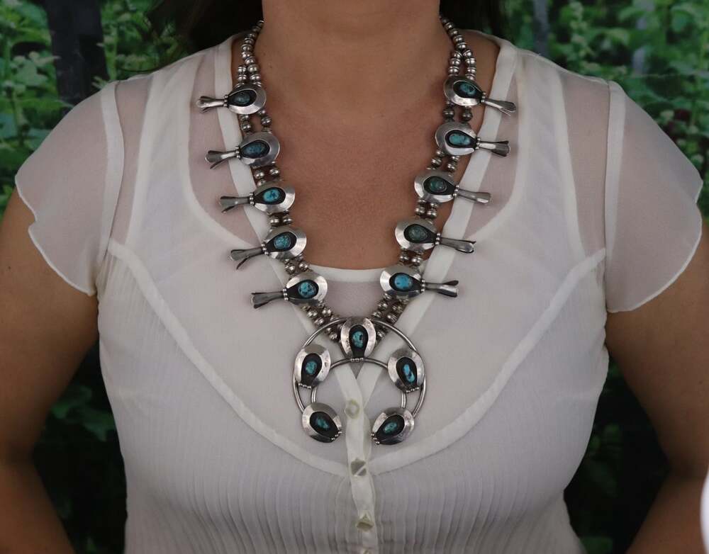 Sterling Silver Natural Turquoise Squash Blossom Necklace 23" inch - Picture 6 of 10